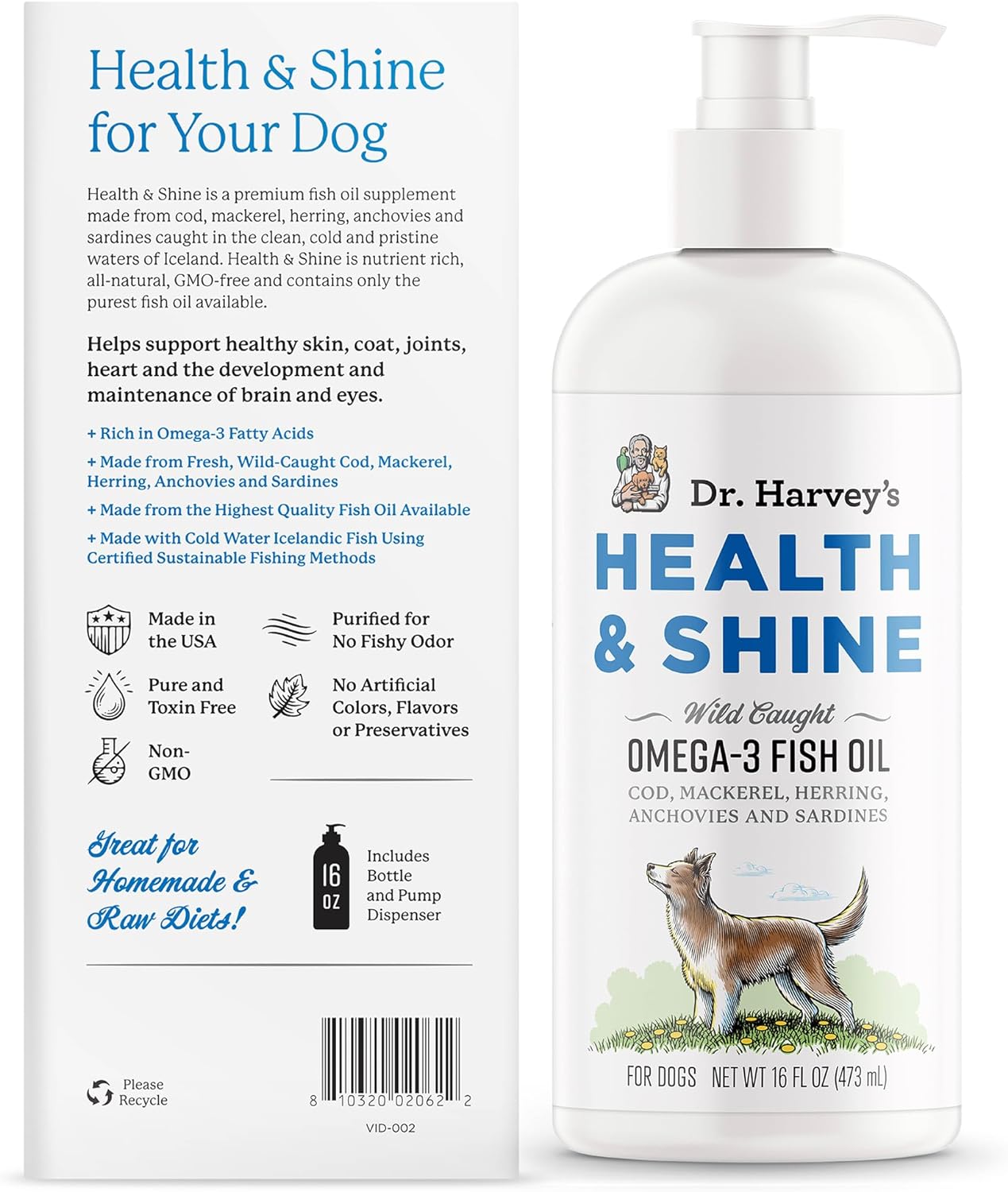 Dr. Harvey’s Health & Shine Omega 3 Fish Oil for Dogs from Wild Caught Cod, Mackerel, Herring, Anchovies and Sardines - Supports Beautiful Fur, Strong Joints and Itchy Allergy Relief (16 fl oz)