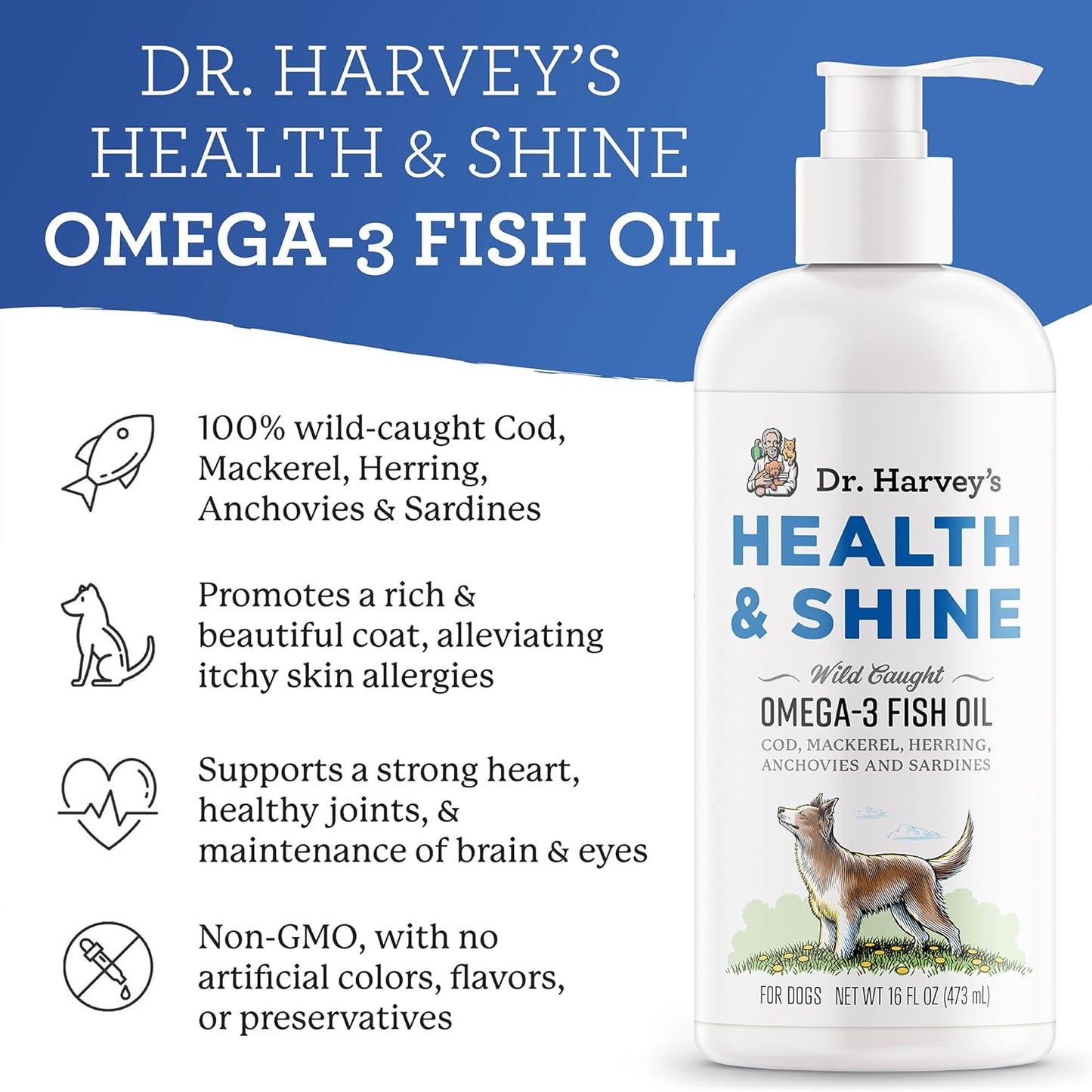 Dr. Harvey’s Health & Shine Omega 3 Fish Oil for Dogs from Wild Caught Cod, Mackerel, Herring, Anchovies and Sardines - Supports Beautiful Fur, Strong Joints and Itchy Allergy Relief (16 fl oz)